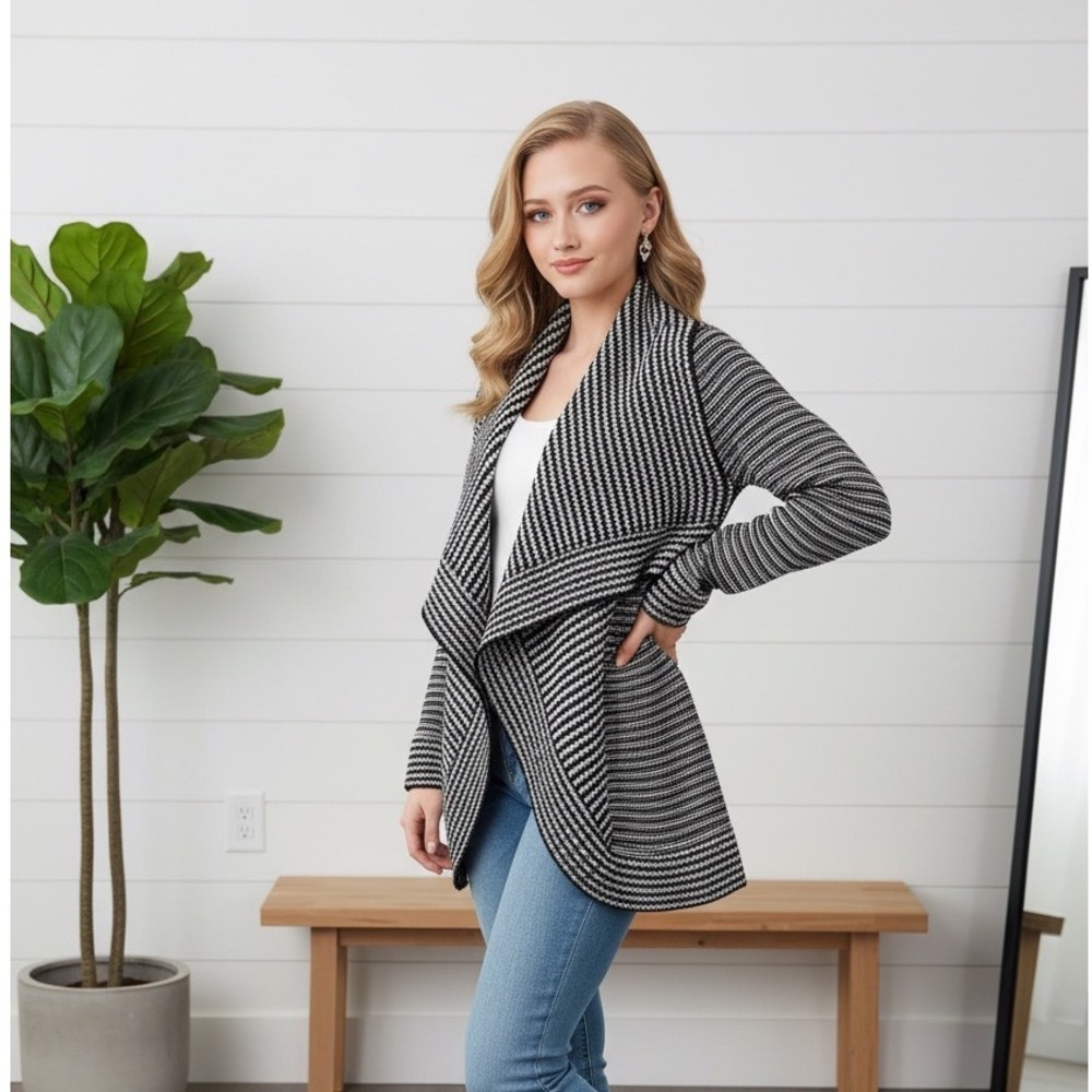 Merona‎ Striped Open Front Waterfall Cardigan Womens Black White Wool Blend S|P